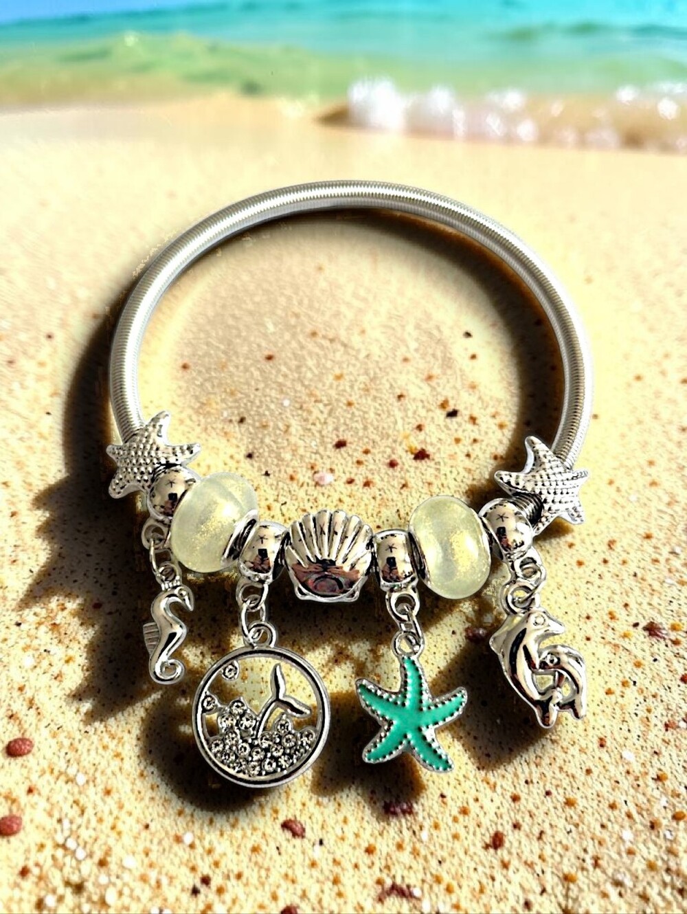 Silver Ocean Charm Bracelet with Turquoise Green Starfish
